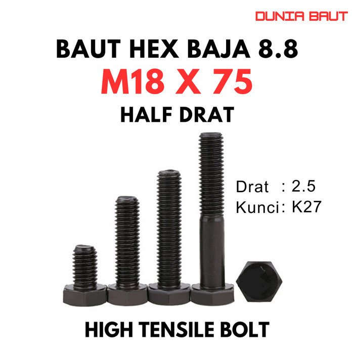 เหล็ก 8.8 Bolt M18X75 / Bolt 18X75 / M18 X 75 / 18 X 75 เกรด 8.8 HTB - High Tension Bolt Half Thread