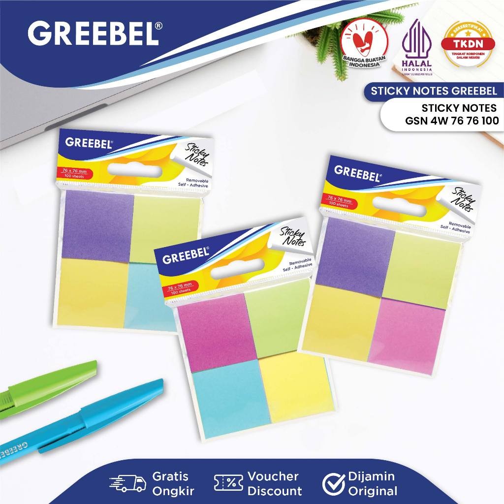 GREEBEL Memo Sticky Notes 1 ชุด 4 สี 100 แผ่น [GSN 4W 7676100] บันทึกเครื่องหมาย