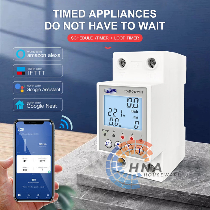 Tompd-63 สมาร์ทวัตต์เมตร Wifi สวิทช์ 63A Tomzn Smartlife Wattmeter Tuya Circuit Breaker Kwh