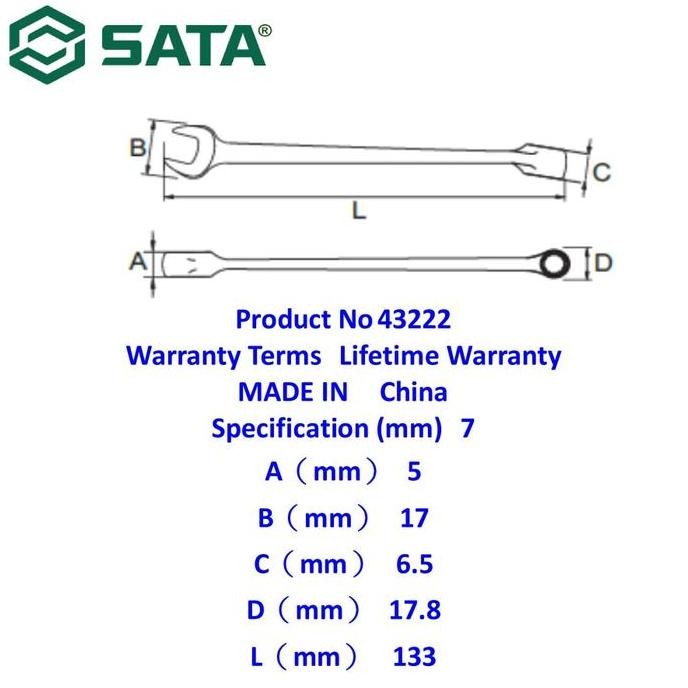 พิเศษ 7 มม. แหวน Spanner 43222 Full Polish Comb. ประแจวงล้อ เครื่องมือซาต้า