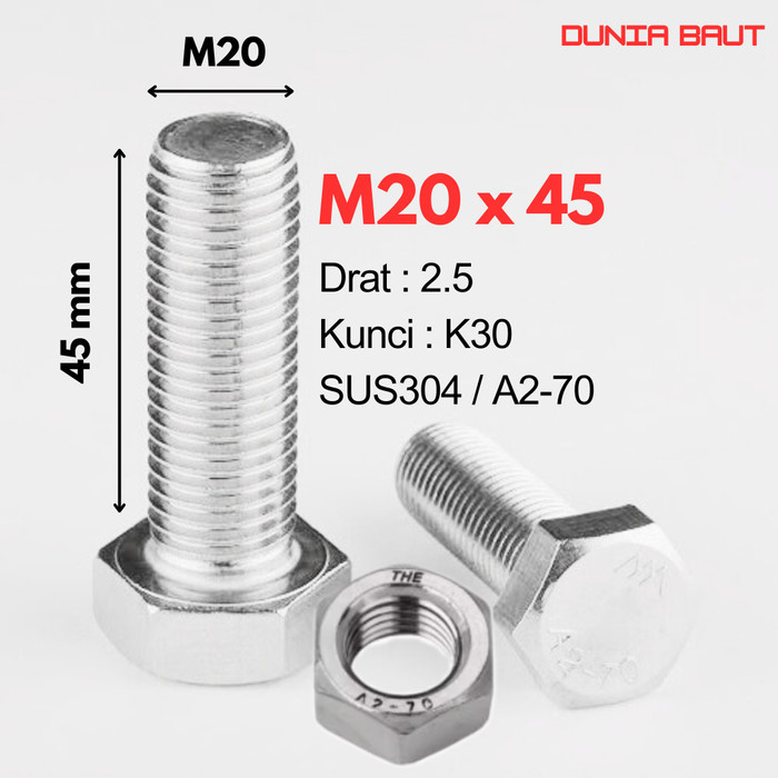 กลอนหกเหลี่ยมสแตนเลส M20X45 - กลอนหกเหลี่ยม 20X45 / M20 X 45 / 20 X 45 SS304 / SUS304 / A2-70 ด้ายเต