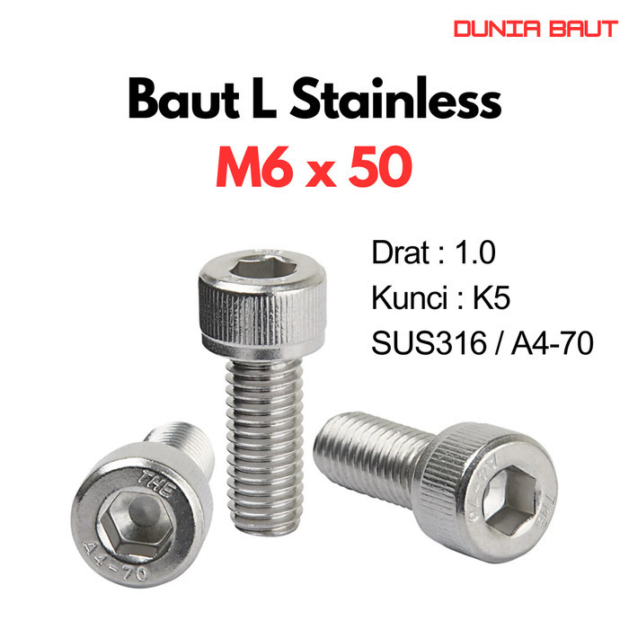 DIN 912-1983 SS316 สแตนเลสสตีล L Bolt M6X50 / 6X50 / M6 X 50 / 6 X 50 ด้ายเต็ม SUS316 / A4-70 Hex ซ็