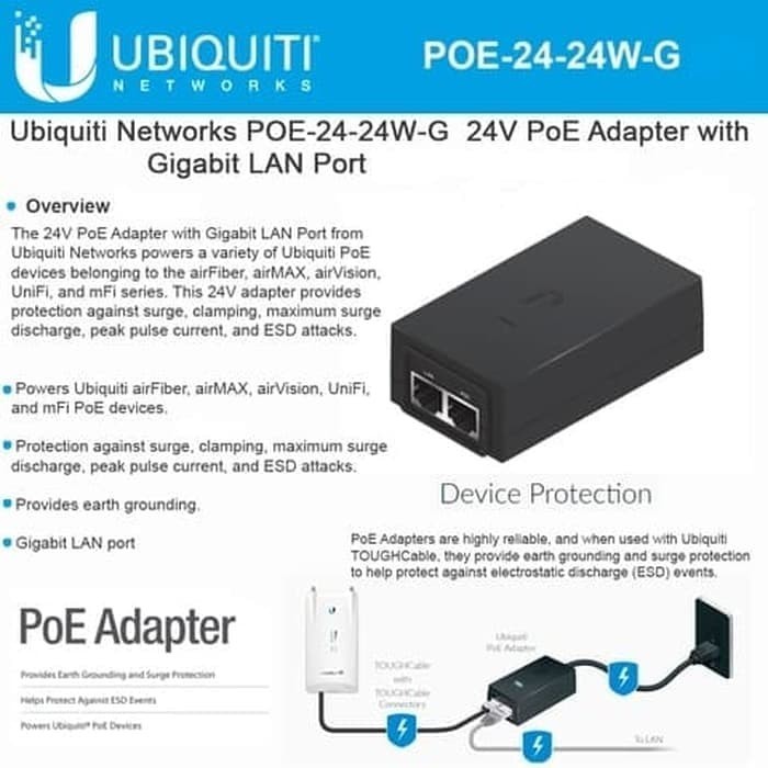 (batamit) Ubiquiti Adaptor PoE 24V-1A - POE-24-24W-G พอร์ต LAN Gigabit