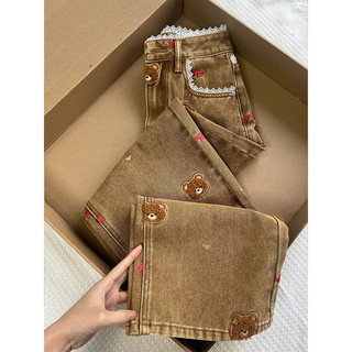 Crunchy Brulee Desain Tambal Sulam Sulaman Beruang Celana Jeans Kaki Lebar Baru Pinggang Tinggi Longgar Celana Jeans Kasual Ramping Import