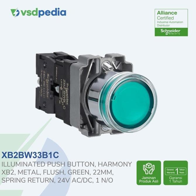 Schneider ปุ่มกดเรืองแสง Xb2 สีเขียว 24V Ac/Dc Xb2Bw33B1C