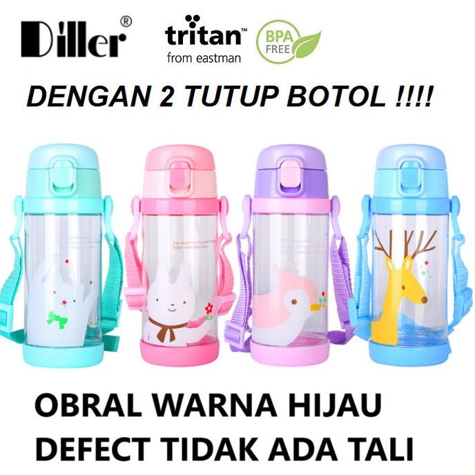 DILLER TRITAN CHILDRENS WATER BOTTLE 100% BPA FREE DUAL CAP LIMITED STOCK