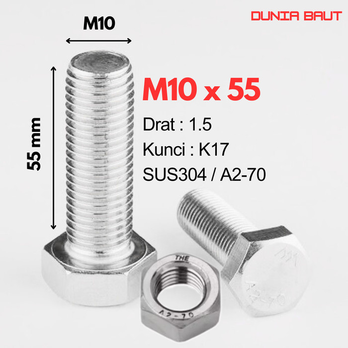 กลอนหกเหลี่ยมสแตนเลส M10X55 - กลอนหกเหลี่ยม 10X55 / M10 X 55 / 10 X 55 SS304 / SUS304 / A2-70 ด้ายเต
