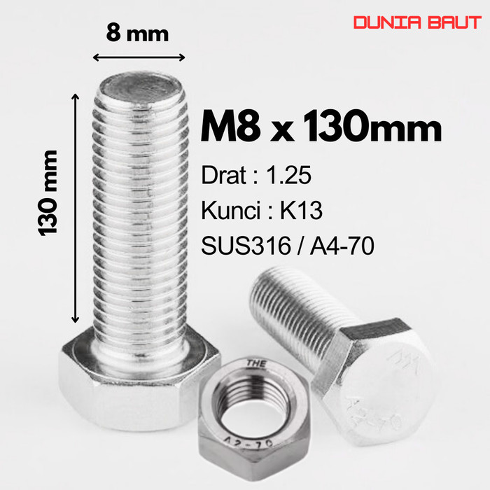 กลอนหกเหลี่ยมสแตนเลส SS316 M8X130 - กลอนหกเหลี่ยม 8X130 / M8 X 130 / 8 X 130 SUS316 / A4-70 ด้ายเต็ม