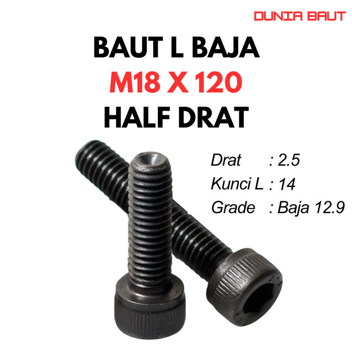 12.9 Steel L Bolt M18X120 / 18X120 / M18 X 120 / 18 X 120 HT - สกรูหัวจมหกเหลี่ยมสีดํา