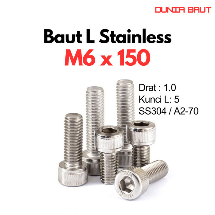 DIN 912-1983 สแตนเลสสตีล L Bolt M6X150 / 6X150 / M6 X 150 / 6 X 150 ด้ายเต็ม SS304 / SUS304 / A2-70 