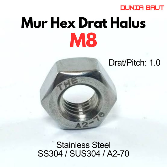 M8 Pitch 1.0 Fine Thread Nut / Hex Nut ด้ายละเอียด M8 Pitch 1.0 สแตนเลส SS304