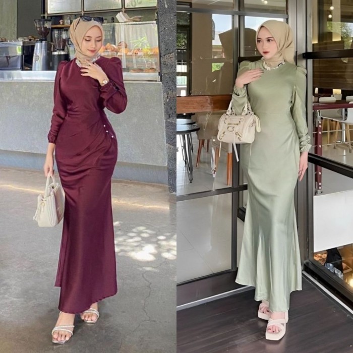 ล่าสุด Gamis Elora Dress Satin Silk Premium Luxury Plain Pearl Motif Modern Bridesmaind