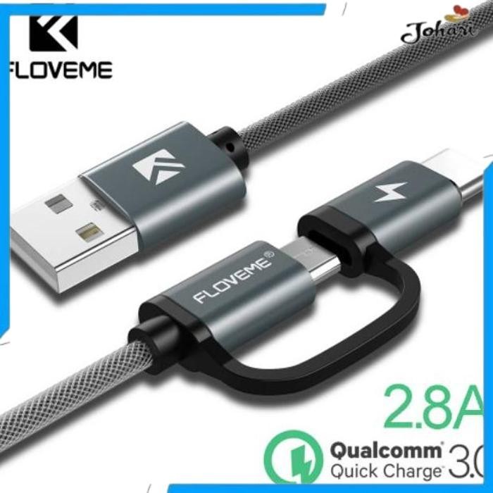 ใหม่ สายชาร์จ 2 IN 1 METAL MICRO USB + USB TYPE C QC3.0 2.8A 80CM