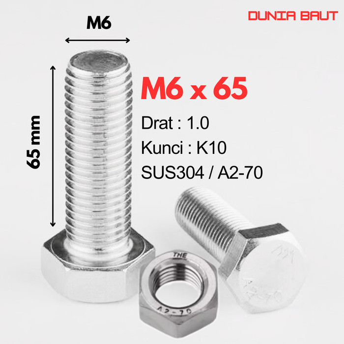 กลอนหกเหลี่ยมสแตนเลส M6X65 - กลอนหกเหลี่ยม 6X65 / M6 X 65 / 6 X 65 SS304 / SUS304 / A2-70 ด้ายเต็ม