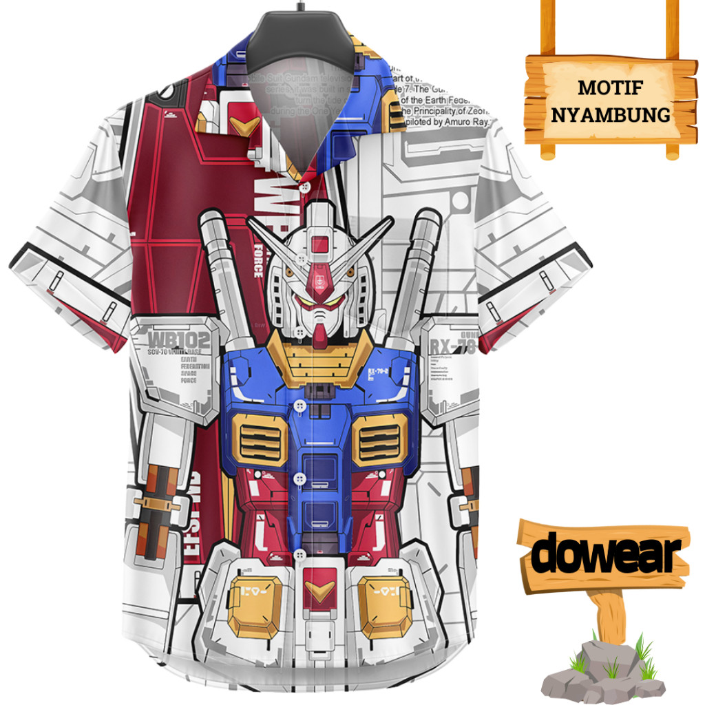 KEMEJA Dowear เสื้อผู้ชายและผู้หญิงพิมพ์ลาย Full Printing Motif, Modern Mens Dowear GUNDAM WHITE 384