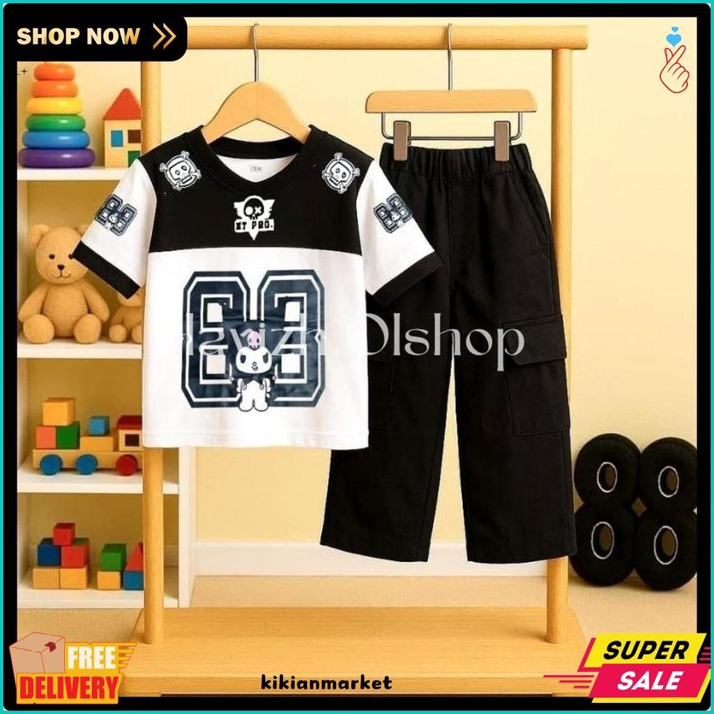 Must มี! Kuromi Motif Kids Jersey Cargo Pants Set 3-12 Years / เสื้อผ้าเด็กผู้หญิง / Rugby Kids Set 