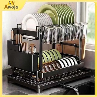 Rak Piring Dapur Stainless Steel Penyimpanan Rak 2 Tingkat Pengering Piring Rak Mangkuk Piring Dengan Baki Wastafel Dapur Dengan Pembuangan Air untuk Piring/Pisau/Gelas/Tatakan cxw