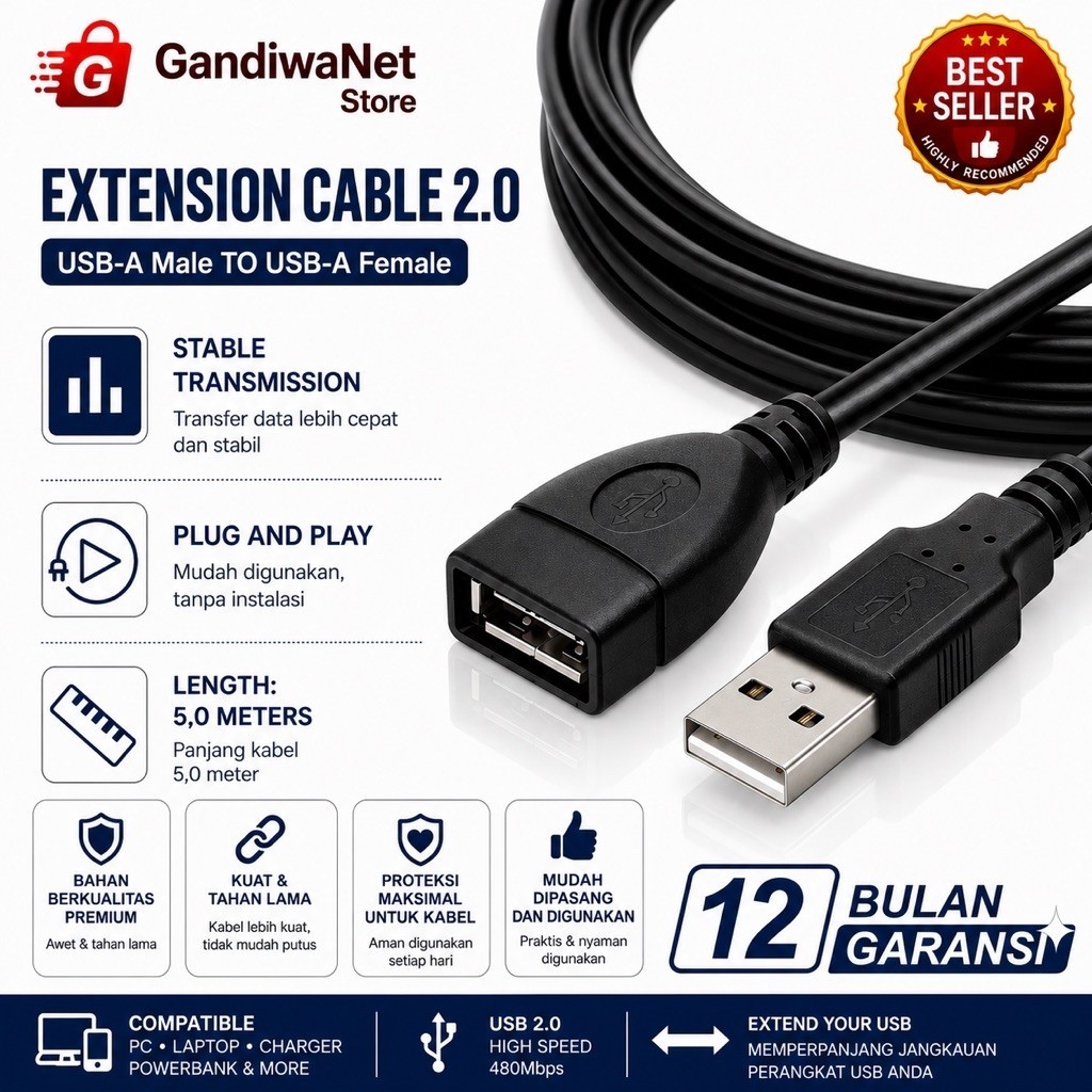 5M สีดํา USB Extension Cable 5 เมตร USB Extension Cable Connector