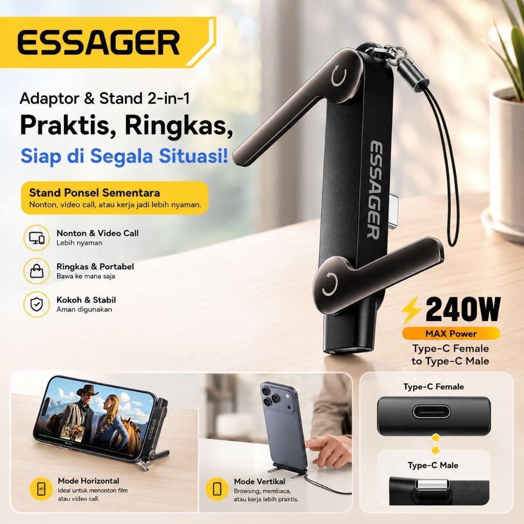 ESSAGER 240W อะแดปเตอร์ USB Type-C + ขาตั้ง HP 2-in-1 | ที่วางโทรศัพท์แบบพับได้ | Type-C Female to M