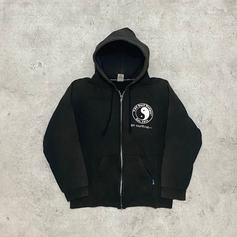 2000s T&C Surf Zipper สีดํา Faded Hoodie
