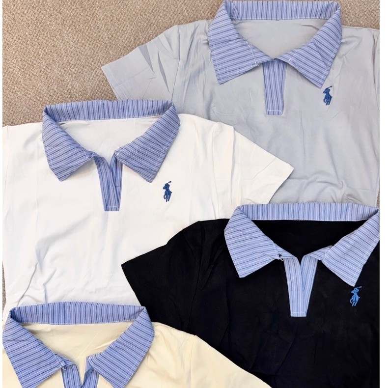 เสื้อยืดคอปกลายทาง Olop B130 21/8fh