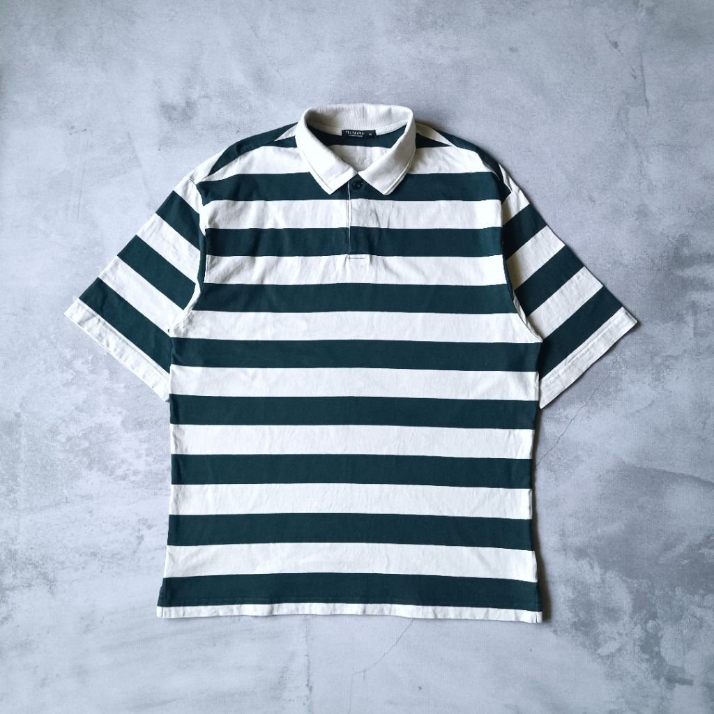 TBJ NEARBY เสื้อโปโลสีเขียวลายทางผ้าฝ้ายขนาดใหญ่หนัก