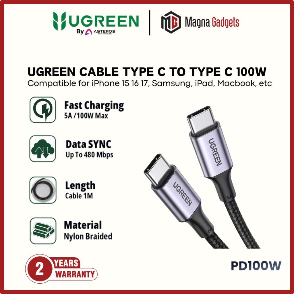 UGREEN Type C ถึง Type C PD 100W สายชาร์จข้อมูล Fast Charger 5A 100Watt - 70427