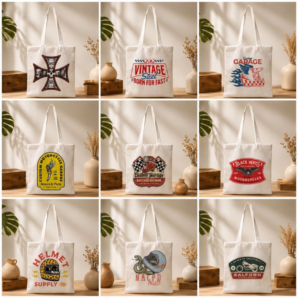 Vintage Biker Canvas Tote Bag 35x40 cm - Custom Classic Aesthetic Motorcycle Tote Bag