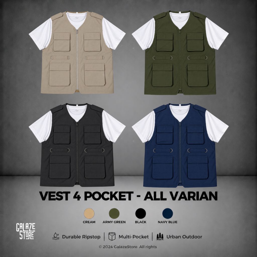 VEST 4 POCKET ALL VARIANTS - TACTICAL VEST 4 POCKET ทุกสี - RIPSTOP VEST - OUTDOOR FIELD VEST - MOTO