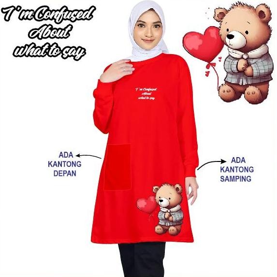 Df370>> IM Bear Womens Tunic T-Shirt with Front Pocket + Side Pocket