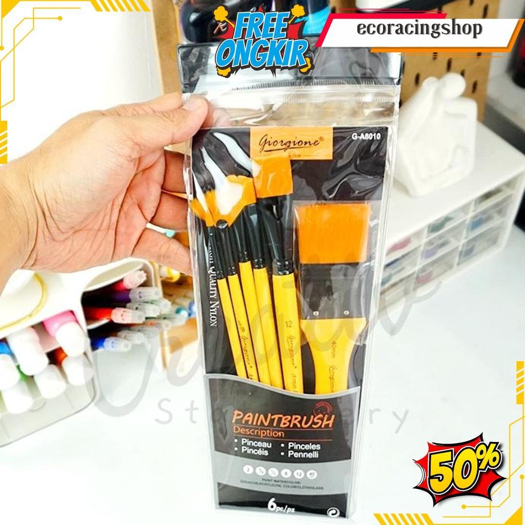 Giorgione Painting Brush Set 6 Pc G-A8010 Broad Flat Round Fan Fillberd Original Product