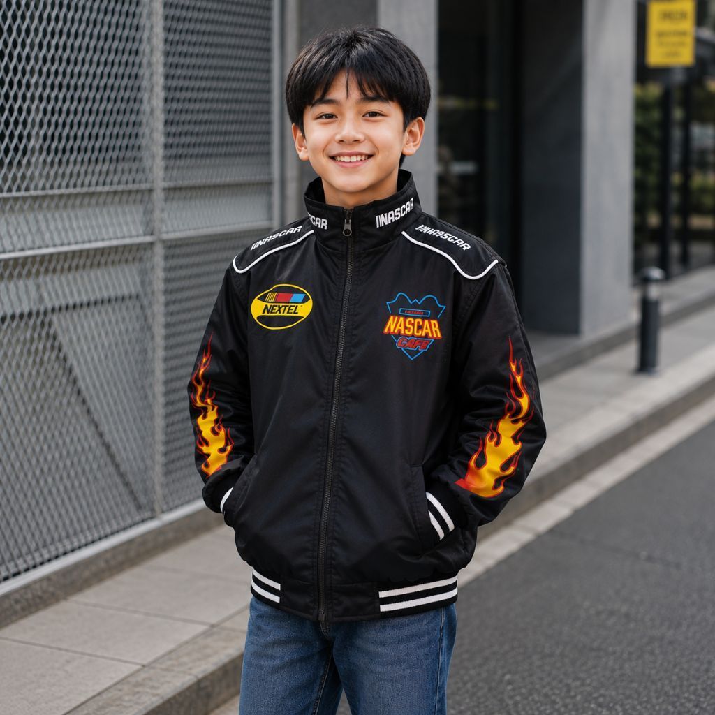 NASCAR Racing Jacket สําหรับเด็กผู้ชายซิปเต็ม – สีดําพร้อมกราฟิกไฟ