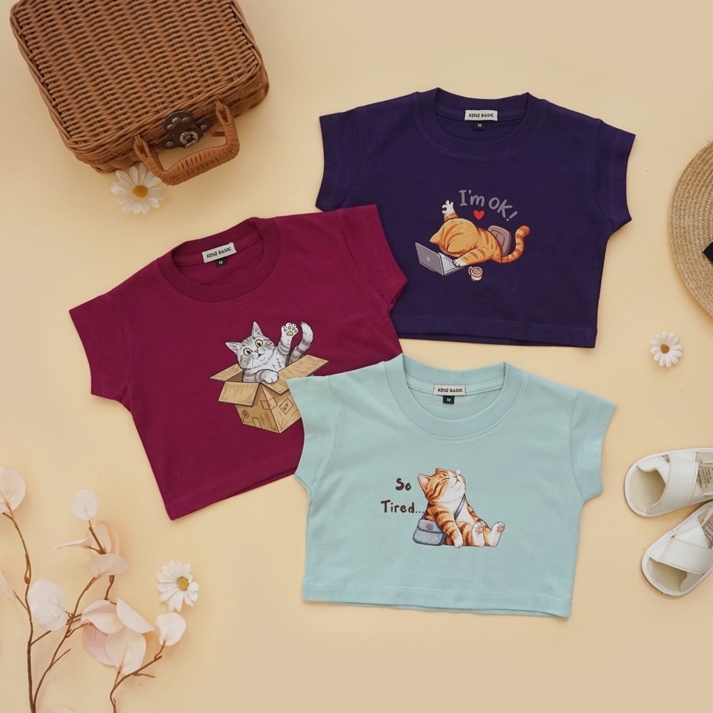 KENZ BASIC Baby Crop Top Short Sleeve Cat Motif พิมพ์ลาย Im OK So Tyred