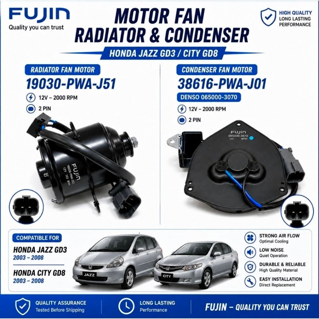 หม้อน้ํา Fujin ดั้งเดิมและมอเตอร์พัดลม AC สําหรับ Honda Jazz GD3 รุ่นเก่า (2004-2008), City GD8 (100