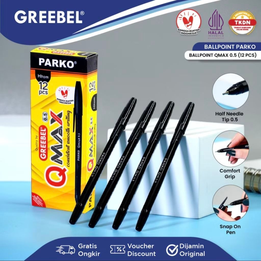 ปากกาสีดํา Greebel Parko Q-Max 0.5 มม. (1 แพ็ค มี 12 ชิ้น) / ปากกาลูกลื่นสีดํา 0.5 มม. / ปากกาสีดํา 
