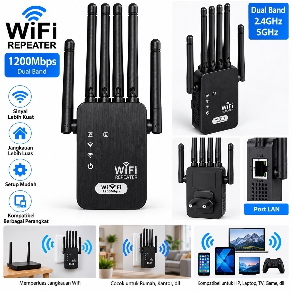 WiFi Repeater 1200Mbps Dual Band 2.4GHz 5GHz WiFi สัญญาณ Booster 6 เสาอากาศ