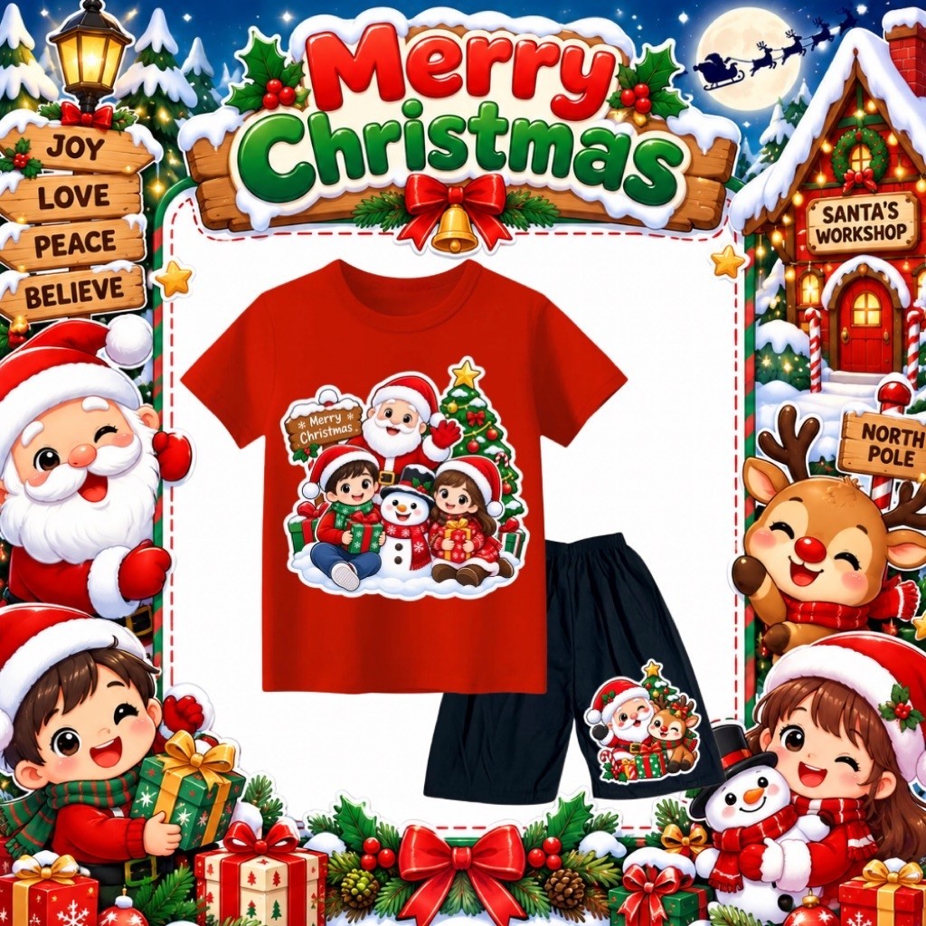 CHILDRENS CHRISTMAS T-SHIRT SET WITH MERRY CHRISTMAS SANTA PANTS WITH XMAS MOTIF TYPE A