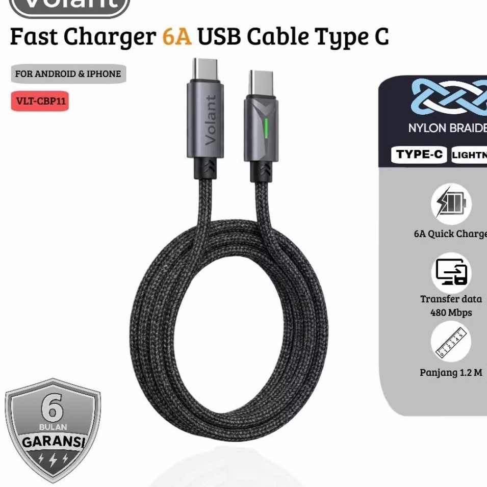 VOLANT VLT-CBP11 สายเคเบิลข้อมูล 1.2M Fast Charging 60W 6A USB Type C Charger สาย RGB Anti-Tangle C 