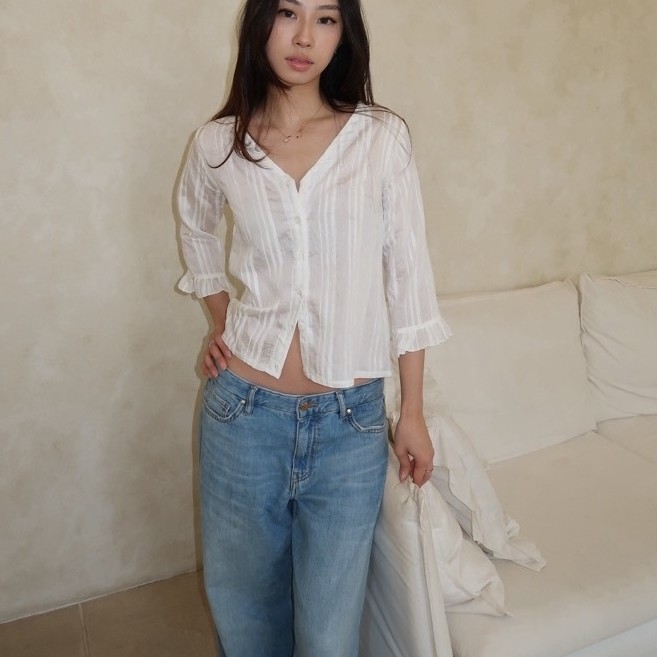 Áo blouse sheer SKYLAR | Maison Cher Top Tassel Ruffle Capri tay 3/4 áo blouse kẻ sọc Coquette Basic Official