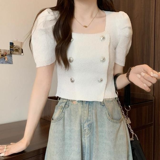 AJW [HDD] ปุ่มผู้หญิง Six Active Top พร้อมแขนเสื้อถักพองระดับพรีเมียม | เสื้อท่อนบนปุ่มคอสี่เหลี่ยมอ