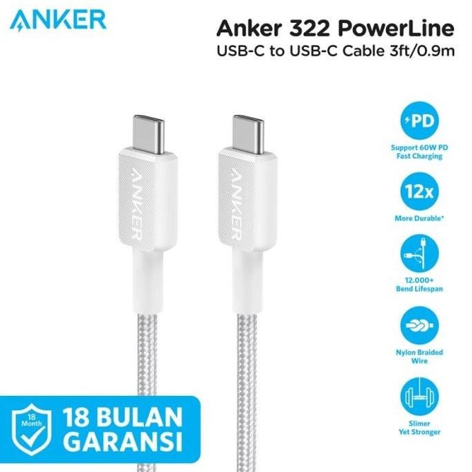 DF83 }} ANKER 322 สายเคเบิลข้อมูล USB-C ถึง USB-C 3ft 0.9m สายถัก A81F5