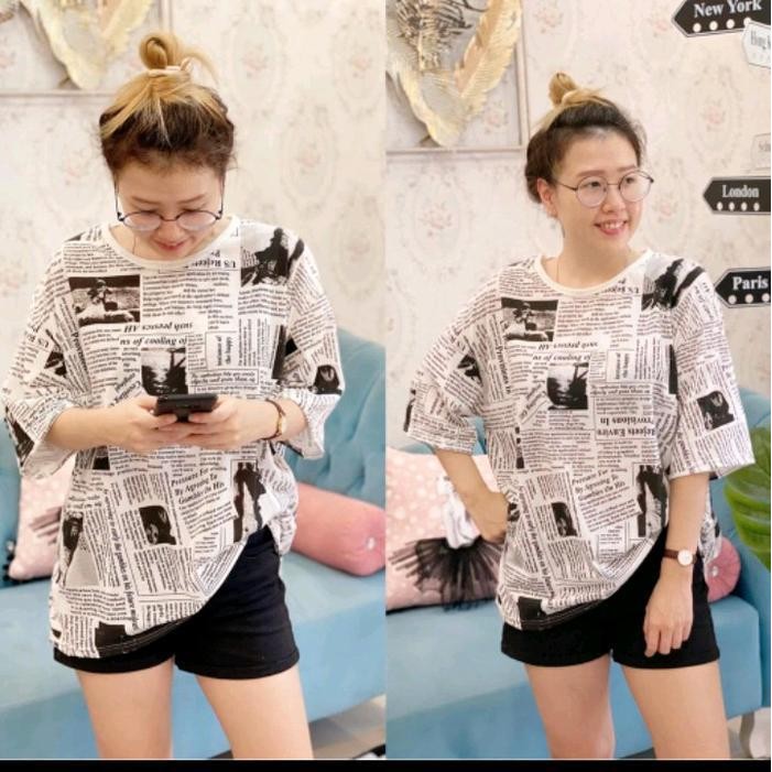EF FFS - หนังสือพิมพ์เสื้อยืดหนังสือพิมพ์ลูกเรือคอ fit หนาผู้หญิง TOP Oversize Casual กด crop TOP Sp