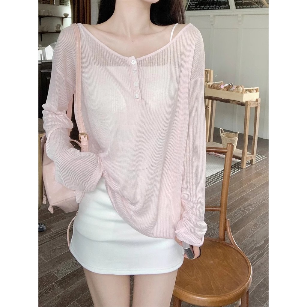 MATAHARI MERAH Verve ตู้เสื้อผ้าสีดําป้องกันแสงแดดสีชมพูหลวมและบางฤดูร้อนใหม่ผู้หญิง