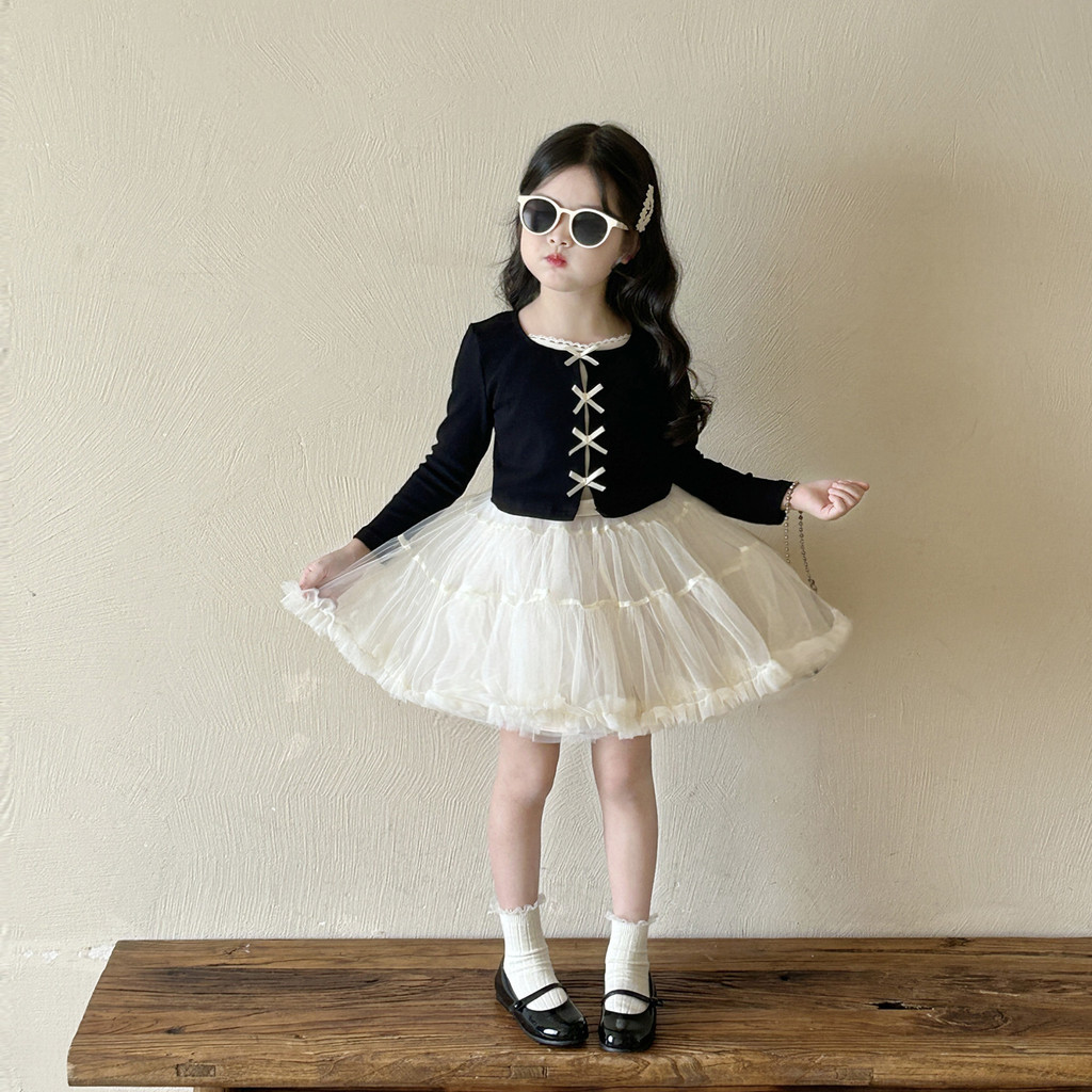 KEMEJA Beige Puffy Mesh Half-Length Butterfly Ribbon Bottom Shirt for Girls and Puffy Skirt