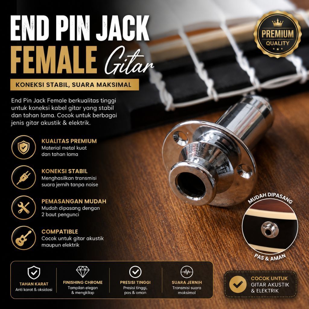 End Pin Jack Female Acoustic Electric Guitar Socket Output Jack 6.35mm Metal Chrome