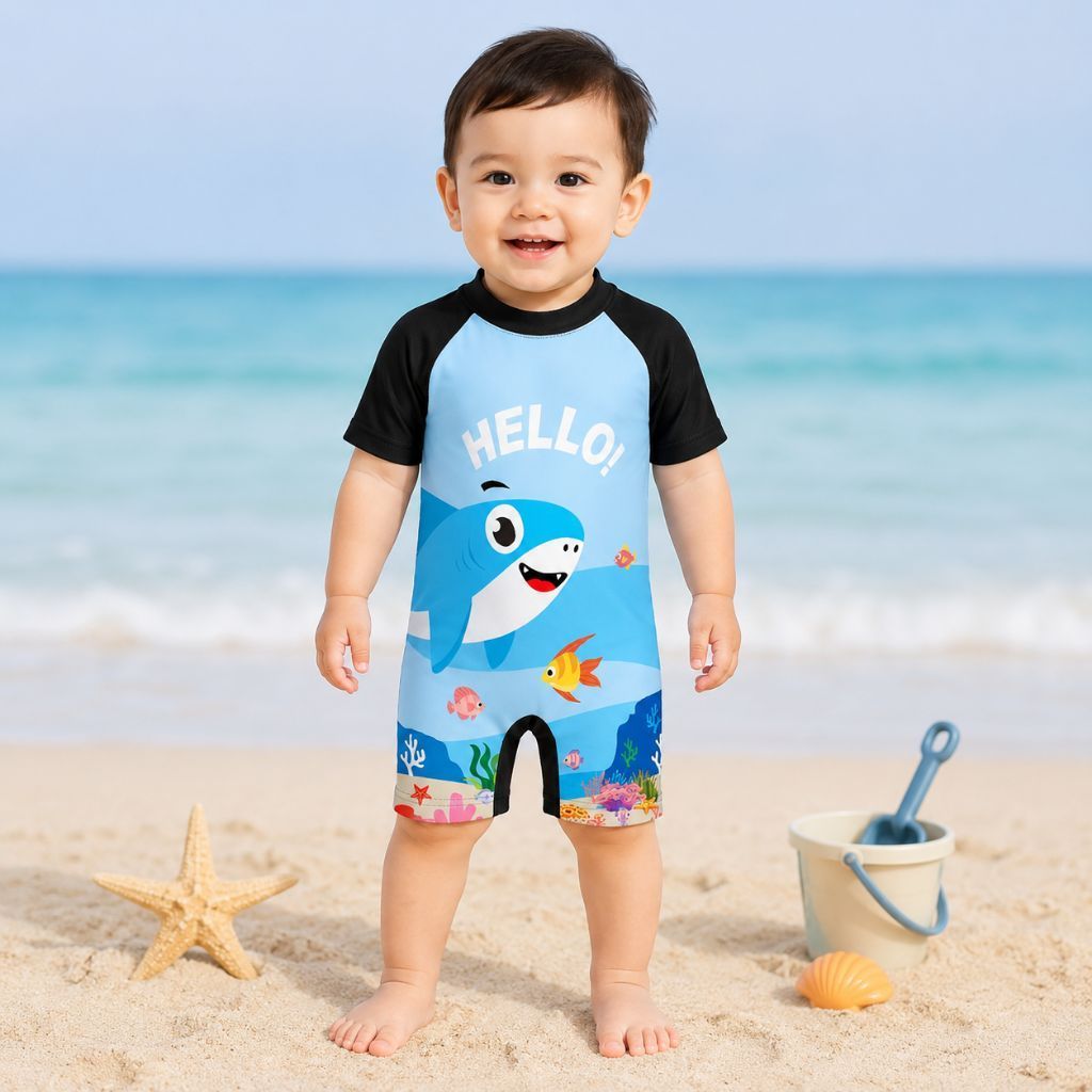 BABY BOY SWIMSUIT SHORT SLEEVE 7-12 MONTHS CUTE SHARK CHARACTER