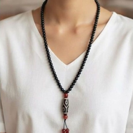 สร้อยคอหินนิลดํา 6 มม. 108 btr จี้หิน dzitibet ธรรมชาติ