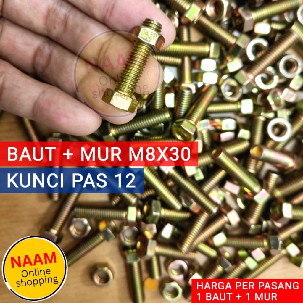 (M8X30) M8 50MM BOLT + NUT - 12 KEY BOLT - PAIR OF BOLT NUT