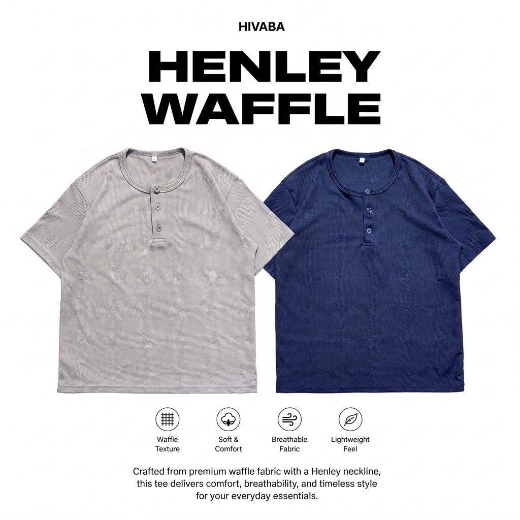 Hivaba Mens Waffle Henley T-Shirt - Mens Button Neck Regular Fit Short Sleeve Henley Top