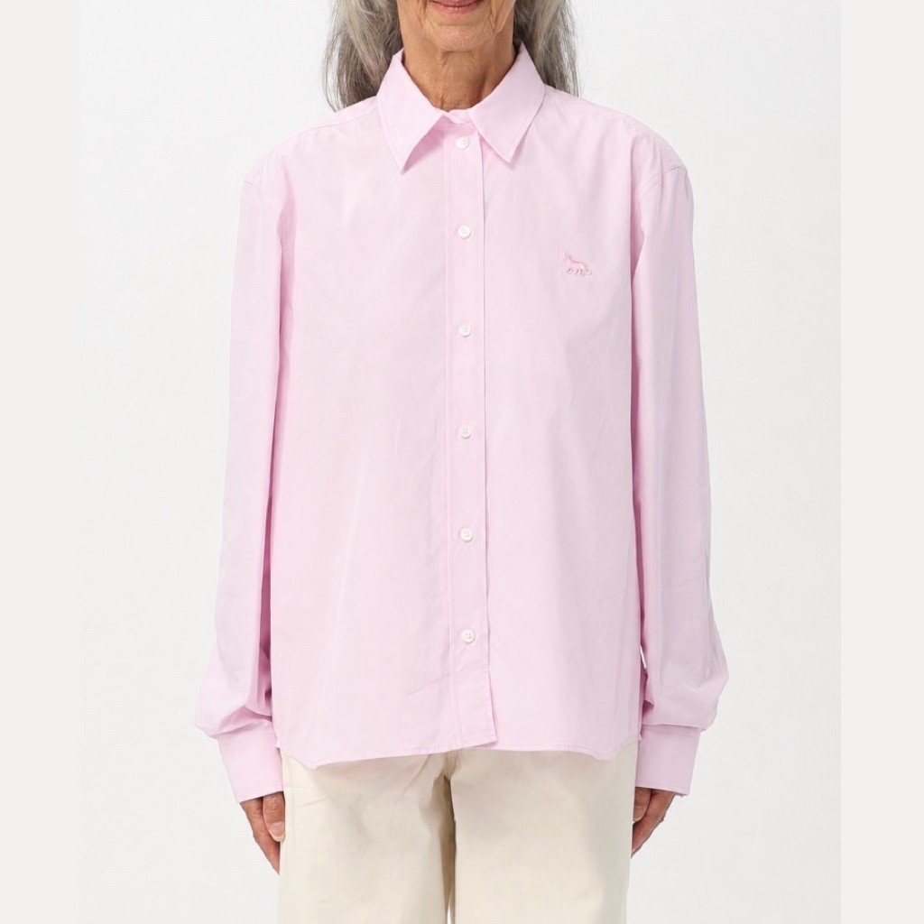 KEMEJA Maison Kitsune Women Fox ปักปุ่มเสื้อสีชมพู/เสื้อสตรีสีชมพู Maison Kitsune